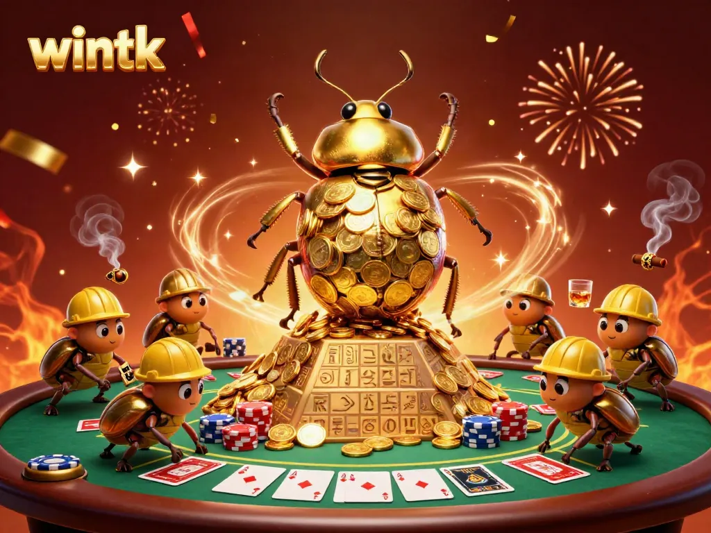 Experience the thrill of gaming with wintk's vibrant casino environment, featuring dynamic beetles rolling coins.