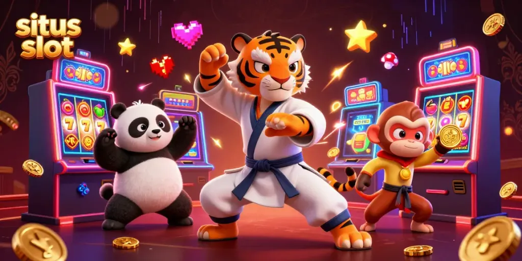 Situs slot adventure scene with kung fu tiger and panda amid vibrant casino elements.