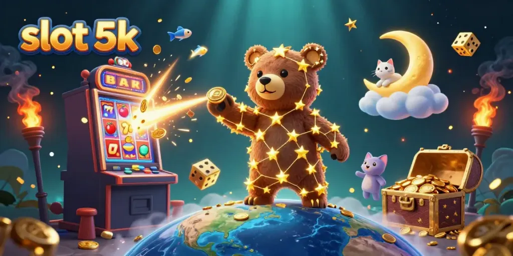 Engage with slot 5k in this vibrant casino-themed illustration featuring a bear and lucky symbols.
