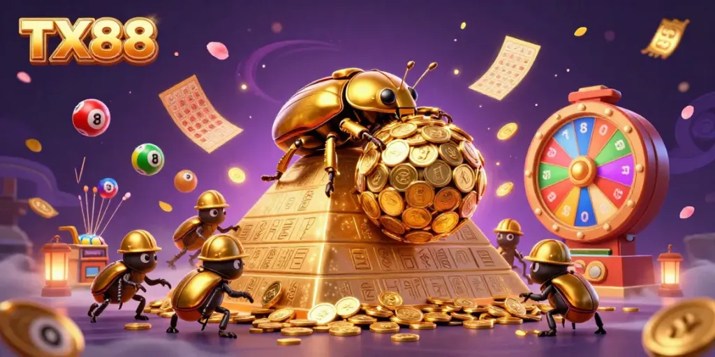 Experience the thrill of TX88 as golden beetles race against vibrant lottery elements in a stunning casino scene.