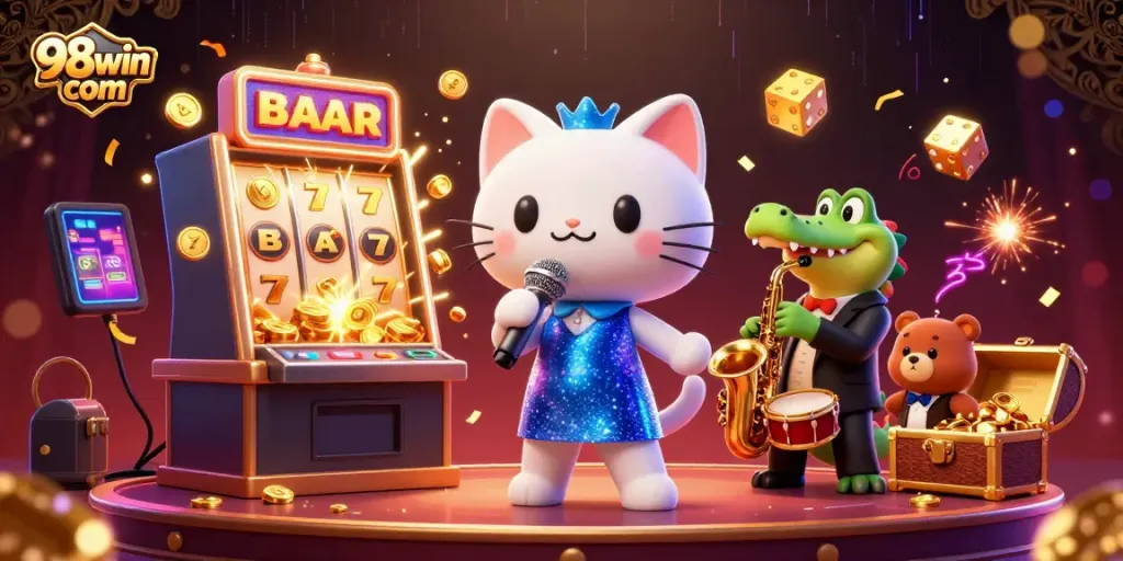 Experience the vibrant energy of 98win com with a jazzy casino scene featuring fun characters and exciting game elements.