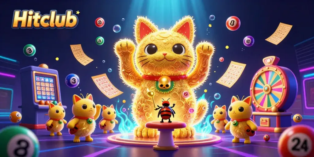 Experience the excitement with Hitclub's vibrant 3D illustration of a lucky cat and bouncing lottery balls.