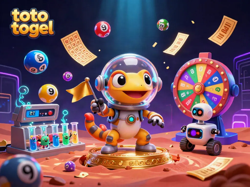 Toto togel lottery scene with a Martian gecko and colorful elements celebrating gaming excitement.