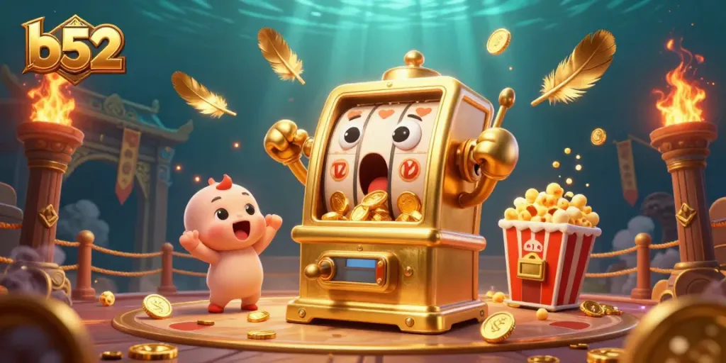 Engage in thrilling b52 slot action as cartoon machines celebrate jackpots amidst dynamic casino elements.