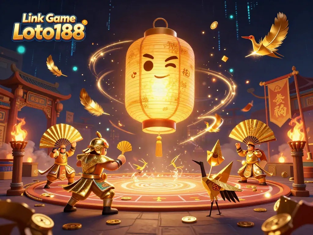 Immerse in a thrilling scene of Link Game Loto188 with a giant lantern spirit amid a vibrant night market casino.