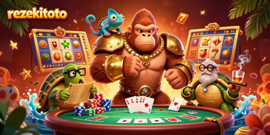 Experience thrilling gameplay at rezekitoto with a dynamic scene showcasing vibrant slots and charismatic characters.