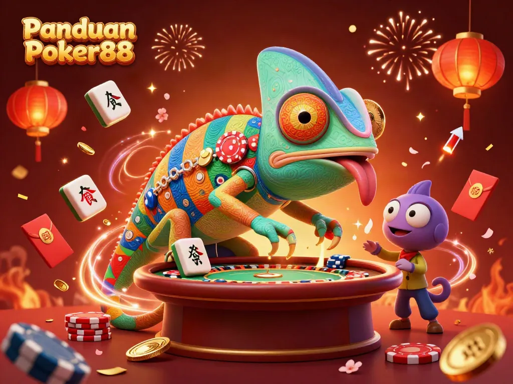 Engage with Panduan Poker88’s colorful casino experience featuring an enormous chameleon owner and dynamic gameplay elements.