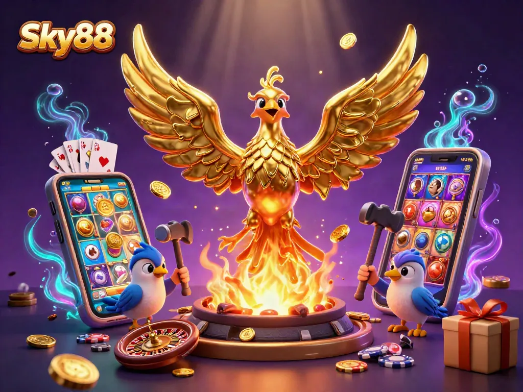 Experience the thrill of Sky88 with vibrant golden phoenix and rich casino elements.