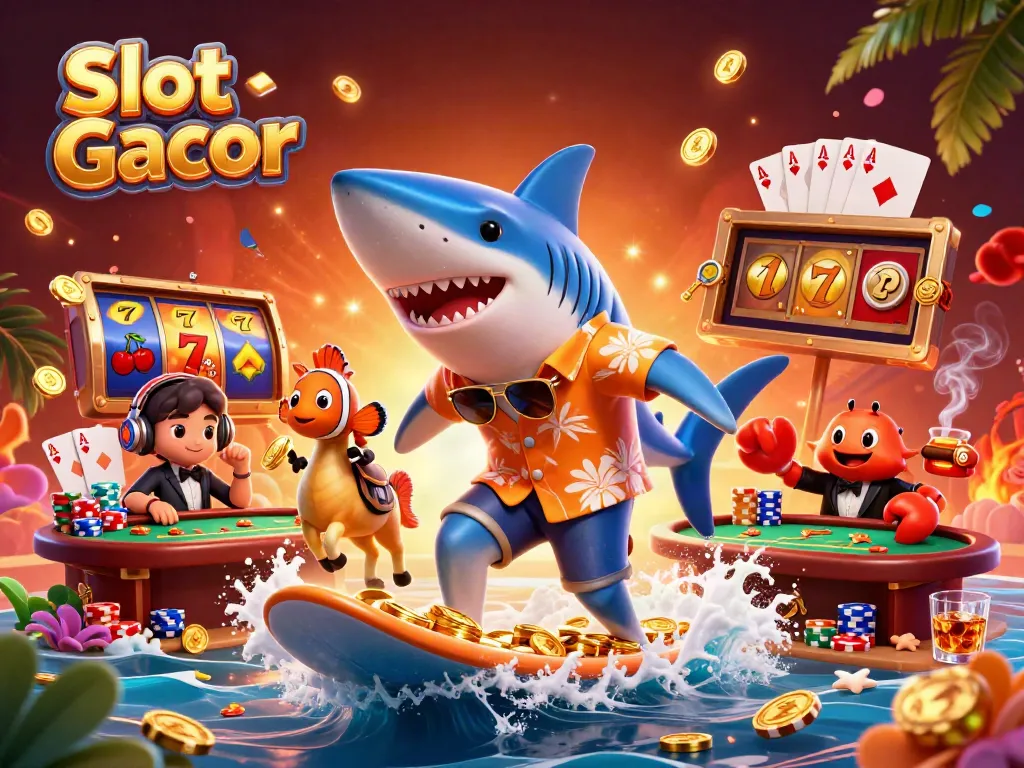Engage in thrilling Slot Gacor action with a vibrant scene featuring a shark, clownfish, and crab in a fun casino adventure.