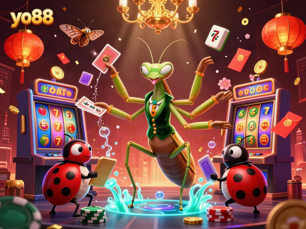 Experience thrilling gaming at yo88 with vibrant slot machines and captivating characters amidst dazzling visuals.