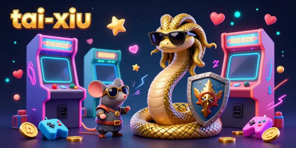 Experience captivating tai-xiu action in a vibrant 3D casino illustration filled with game elements and playful characters.
