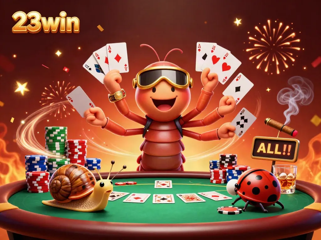 Experience the excitement of 23win with a vibrant casino scene featuring colorful playing cards and chip stacks.