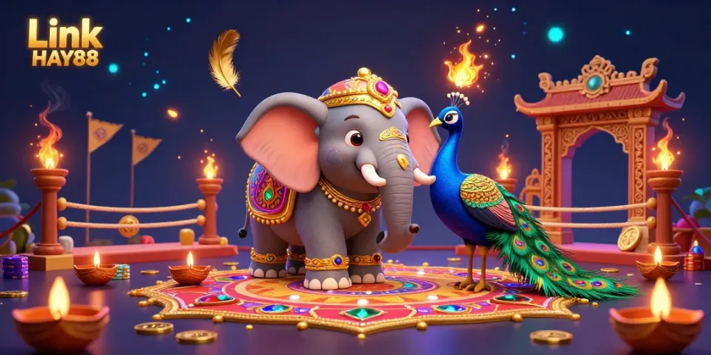 Engage with "Link HAY88" in this vibrant casino scene featuring a majestic Diwali elephant and a stunning peacock.