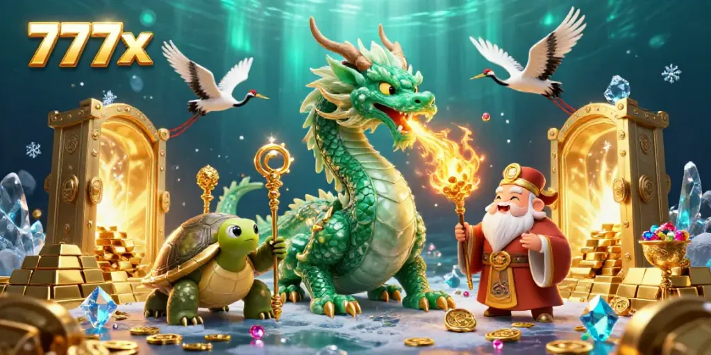 Engage with the 777x casino experience while witnessing a dragon, sage, and cranes amidst treasures.