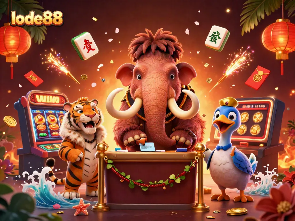 Lode88 casino scene with animated characters and vibrant gaming elements for an immersive experience.