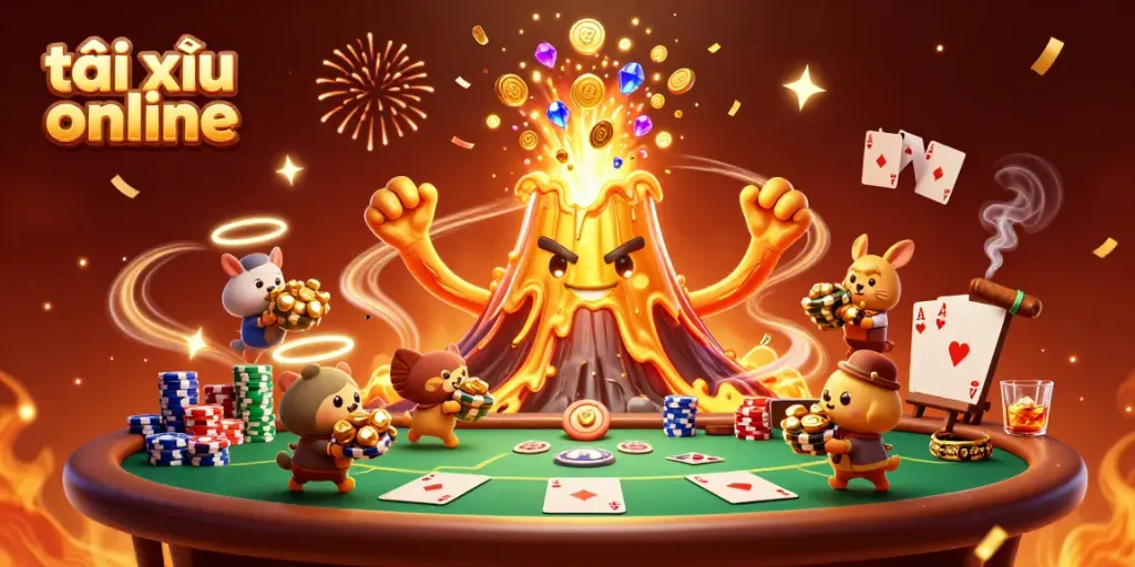 Experience the excitement of tài xỉu online as a golden volcano erupts treasures amidst poker chaos.