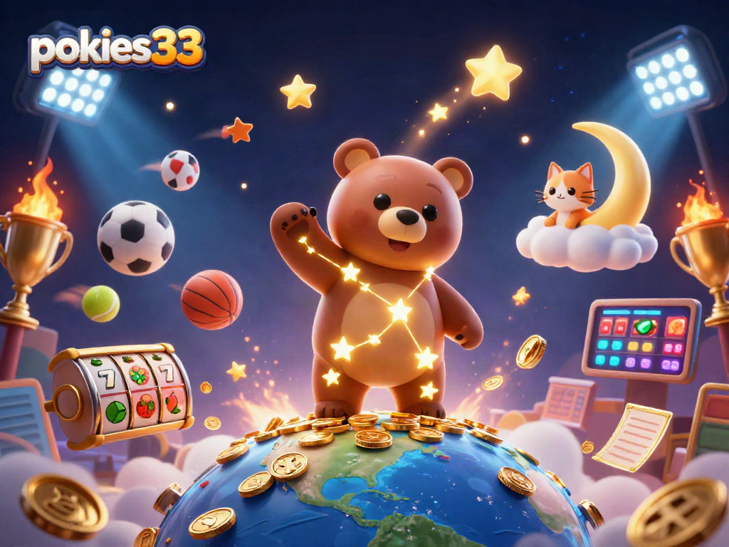 Experience the thrill of pokies33 with a vibrant 3D casino scene full of slots and dynamic sports elements.