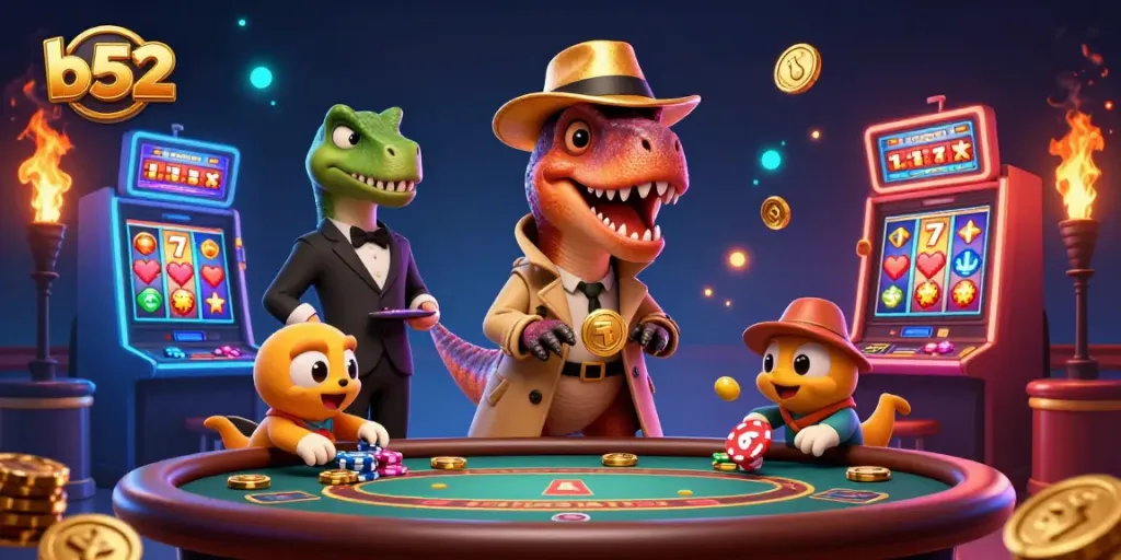 Experience the excitement of b52 gambling with a velociraptor card counter and slot machines in action.