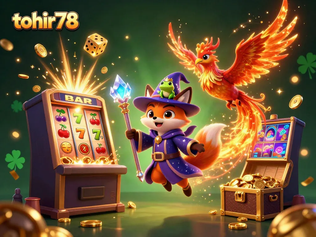 Experience the thrilling tohir78 casino adventure with a magical wizard fox and phoenix in a vibrant slot machine scene