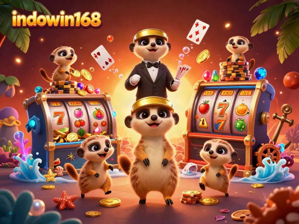 Memegang chip, INDOWIN168 menampilkan kasino dengan karakter meerkat dan elemen slot, bercahaya dan menarik.