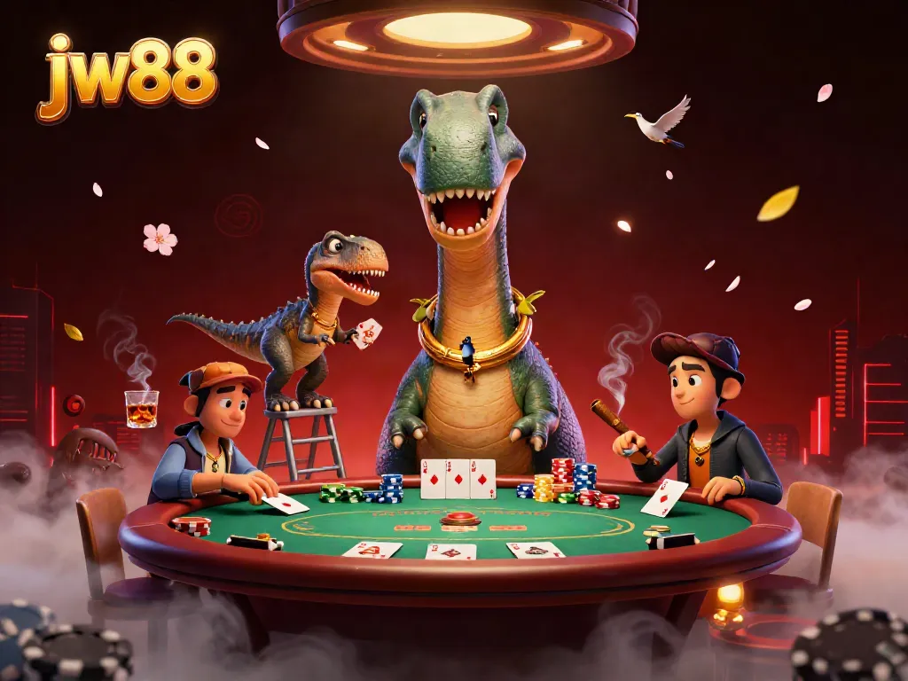 Engage with exciting poker action featuring jw88's brontosaurus dealer in a lively casino environment.
