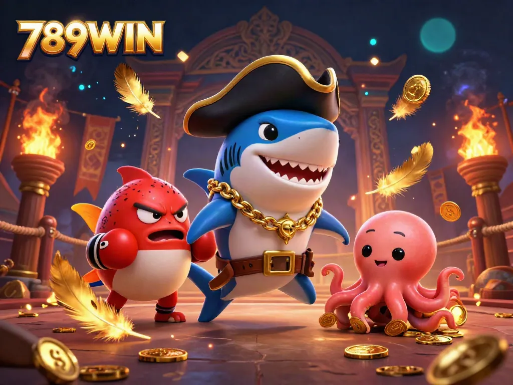 Engage in thrilling adventures at 789WIN with a vibrant scene of a cartoon shark, pufferfish, and octopus in a casino atmosphere.