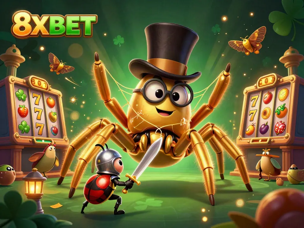 Experience the thrilling world of 8XBET's online gaming with a vibrant casino illustration featuring unique characters and elements.
