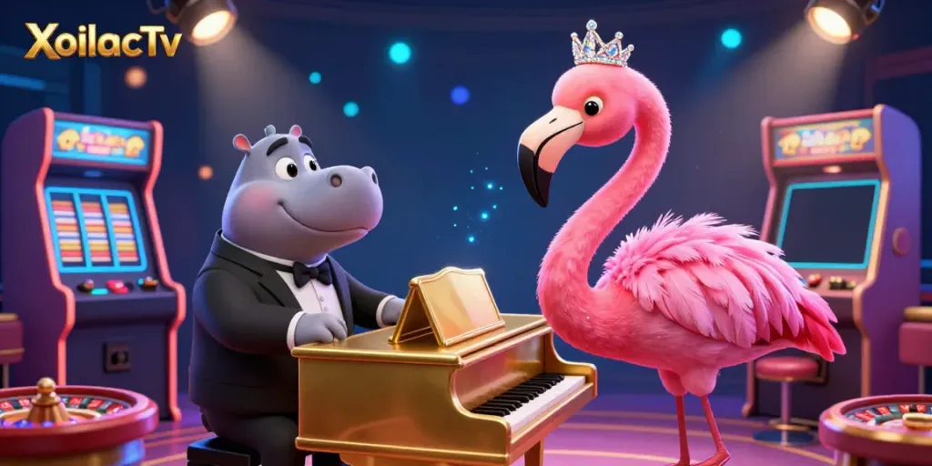 Join the dynamic scene of XoilacTv with a singing flamingo and hippo bassist amidst vibrant casino elements.