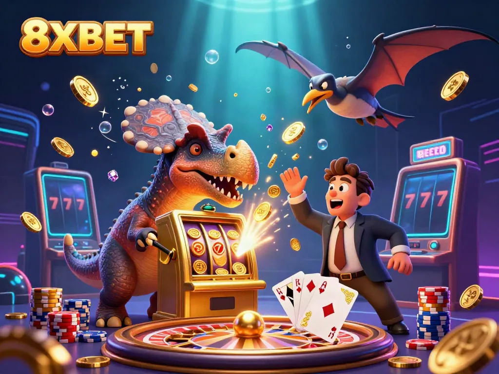 8XBET jackpot slot machine scene with cartoon dinosaurs celebrating in a vibrant casino atmosphere.