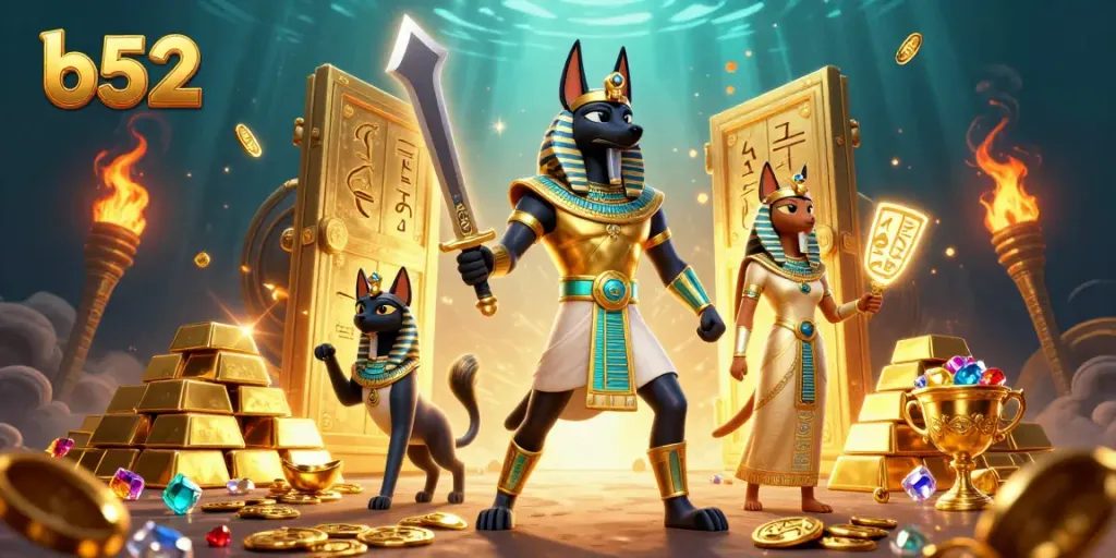 Engage with the b52 theme as the Anubis warrior and Bastet unlock treasures in a vibrant casino scene.