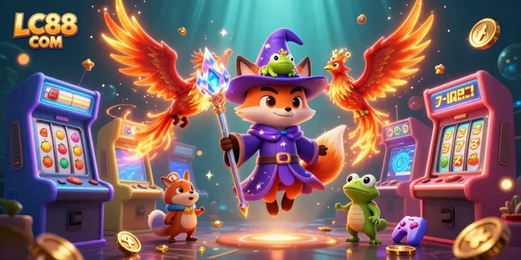 Experience thrilling wins at LC88 COM with a mystical fox and phoenix in a vibrant casino scene.