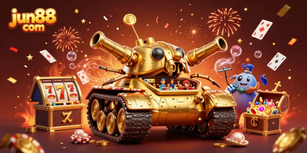 Experience the excitement of jun88 com with a vibrant 3D illustration of a golden beetle tank casino scene.