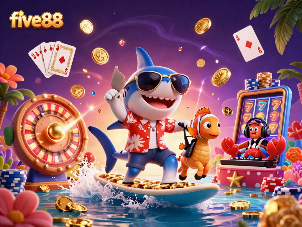 Experience fun at five88 with a vibrant scene featuring a shark, clownfish, and casino elements.